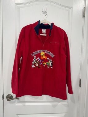 Vtg WARNER BROS Studio Store WB Looney Tunes Quarter Zip Fleece Sweatshirt M Red